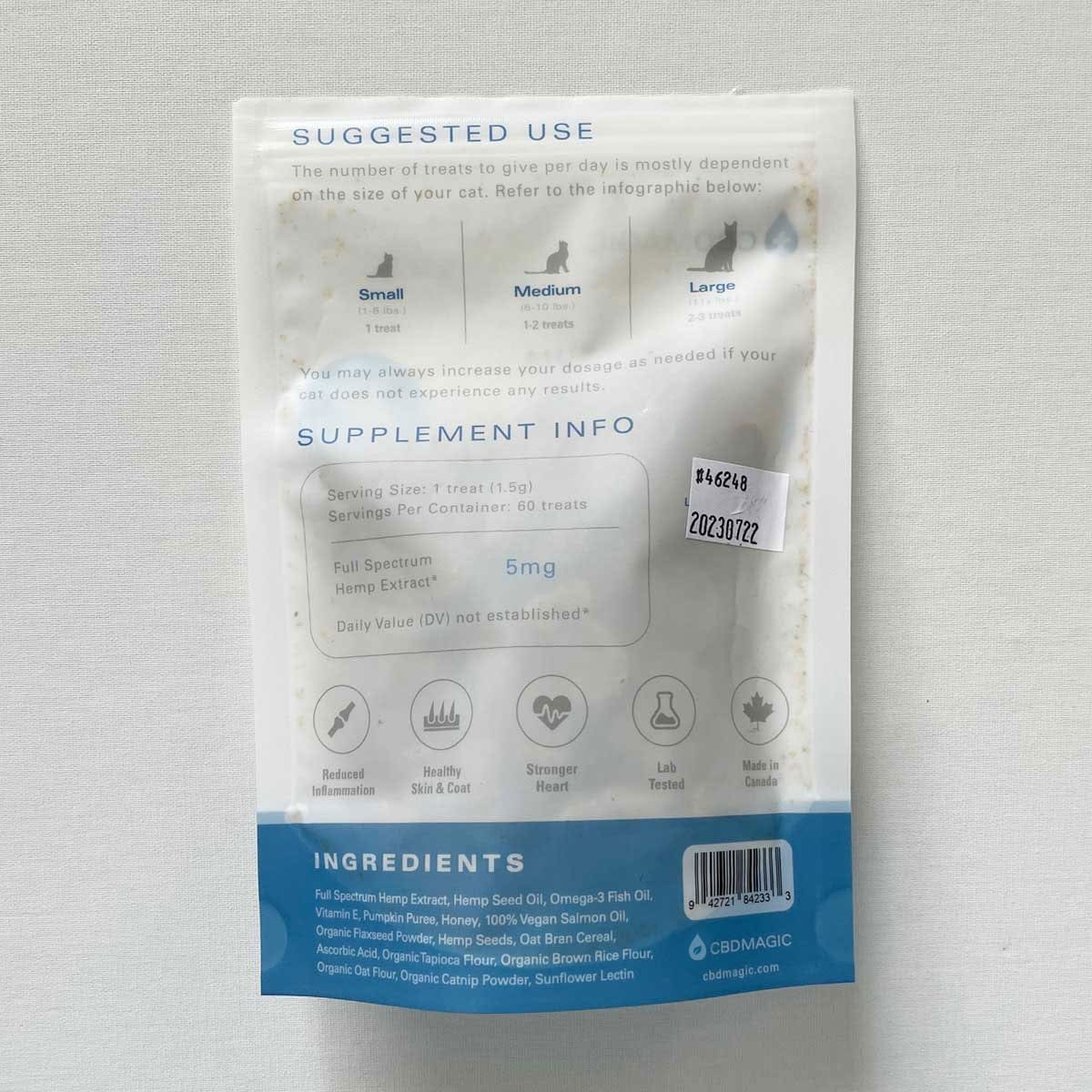 CBD Cat Treats 300mg full spectrum rear of bag with ingredient list CBD Cat Treats 300mg full spectrum rear of bag with ingredient list