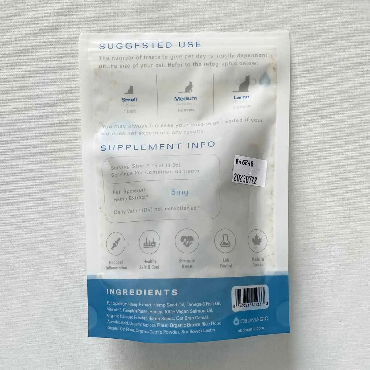 CBD Cat Treats 300mg full spectrum rear of bag with ingredient list