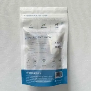 CBD Dog treats 300mg full spectrum back of bag view with ingredients