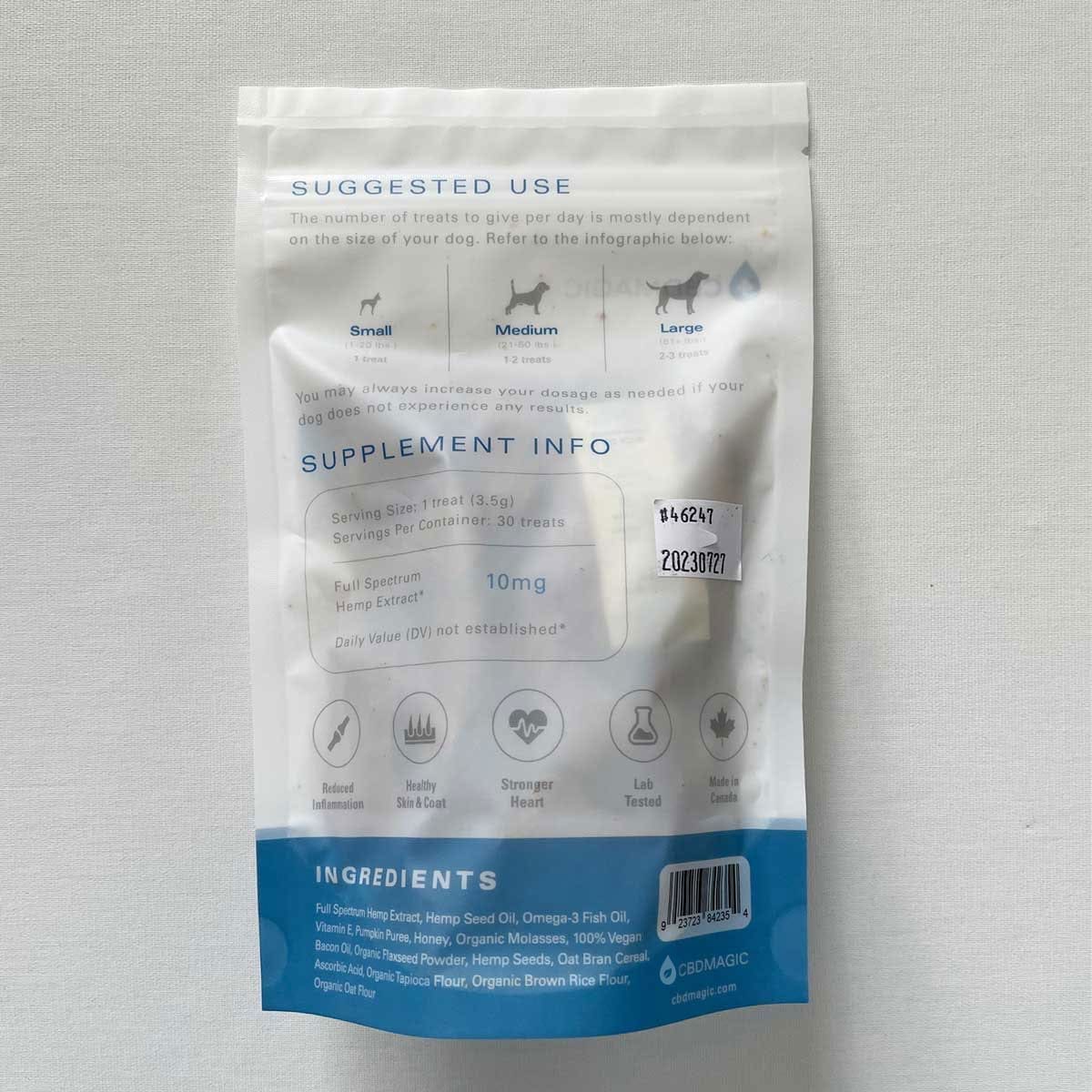 CBD Dog treats 300mg full spectrum back of bag view with ingredients CBD Dog treats 300mg full spectrum back of bag view with ingredients