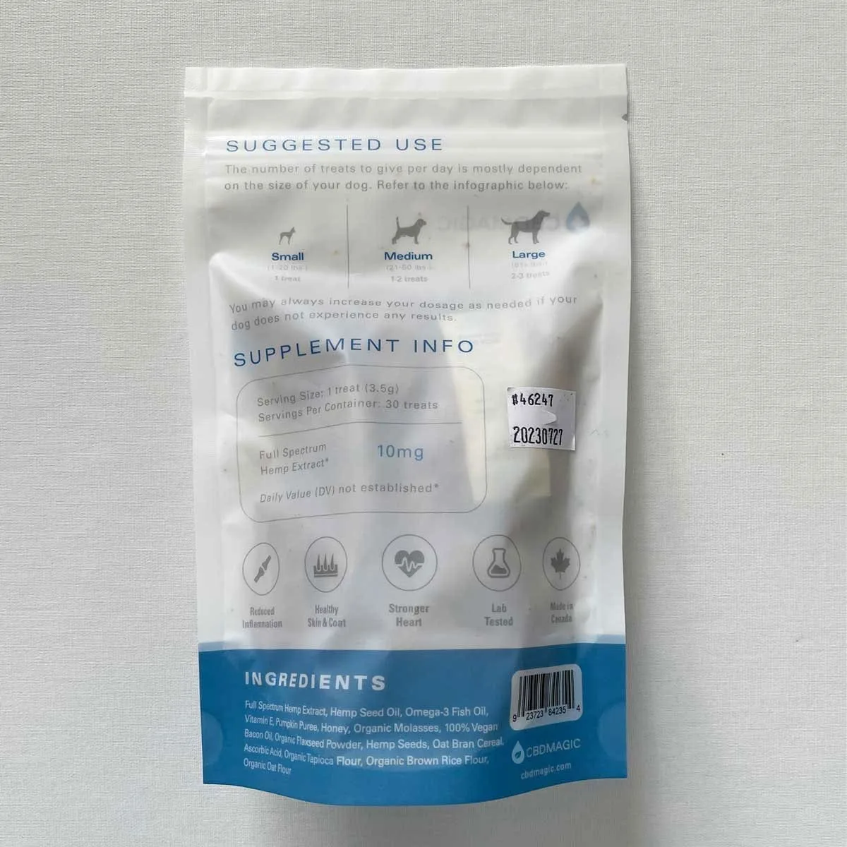 CBD Dog treats 300mg full spectrum back of bag view with ingredients