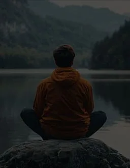 man meditating at the edge of a lake