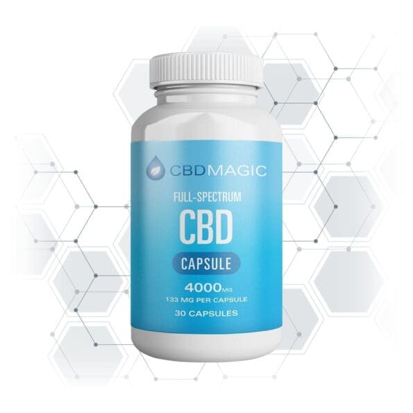 bottle of 4000mg full spectrum cbd capsules by cbdmagic